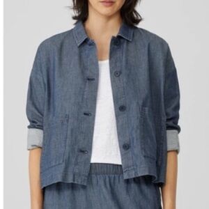 Eileen Fisher Organic Cotton Twill Jacket in Denim Blue Oversized Top | Size L